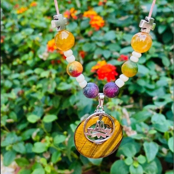 Tigers Eye Yoga Gemstone Leather Adjustable Necklace - Picture 5 of 5